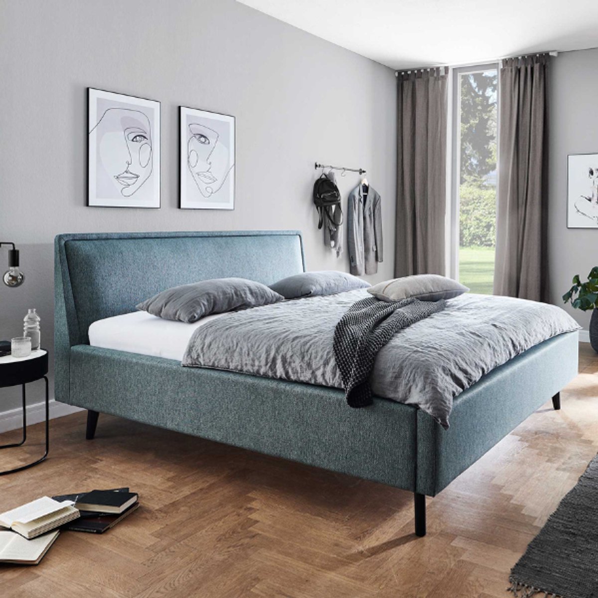 Tweepersoonsbed Estee 180x200 Met Opbergruimte - Blauw/zwart - Meise - Tweepersoons Gestoffeerd Bed - Blauw - Textiel; Polyester Tweepersoons Normaal Bed