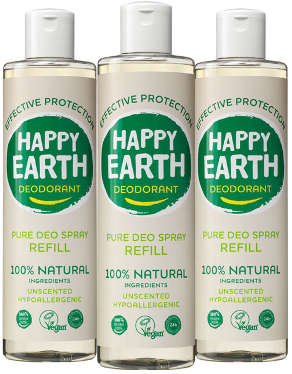 Happy Earth 100% Natuurlijke Deo Spray Navulling Unscented - 3 x 300 ml - Voordeelverpakking
