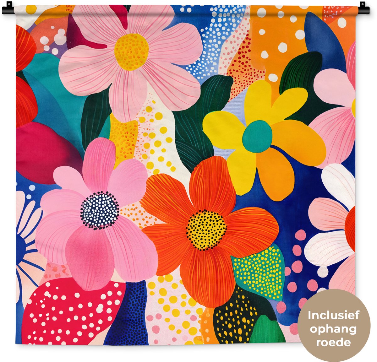 Wandkleed 90x90 cm - Wanddoek Bloemen - Kleurrijk - Stippen - Wandtapijt - Wandkleden