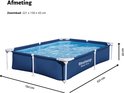 Blauw Bestway Steel Pro rechthoekig zwembad op groen gras, met afmetingen 221 x 150 x 43 cm.