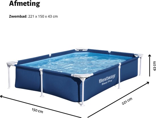 Blauw Bestway Steel Pro rechthoekig zwembad op groen gras, met afmetingen 221 x 150 x 43 cm.