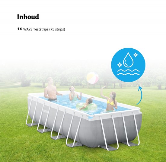 Familie geniet van een Bestway rechthoekig zwembad in de tuin, met een waterdruppelicoon.