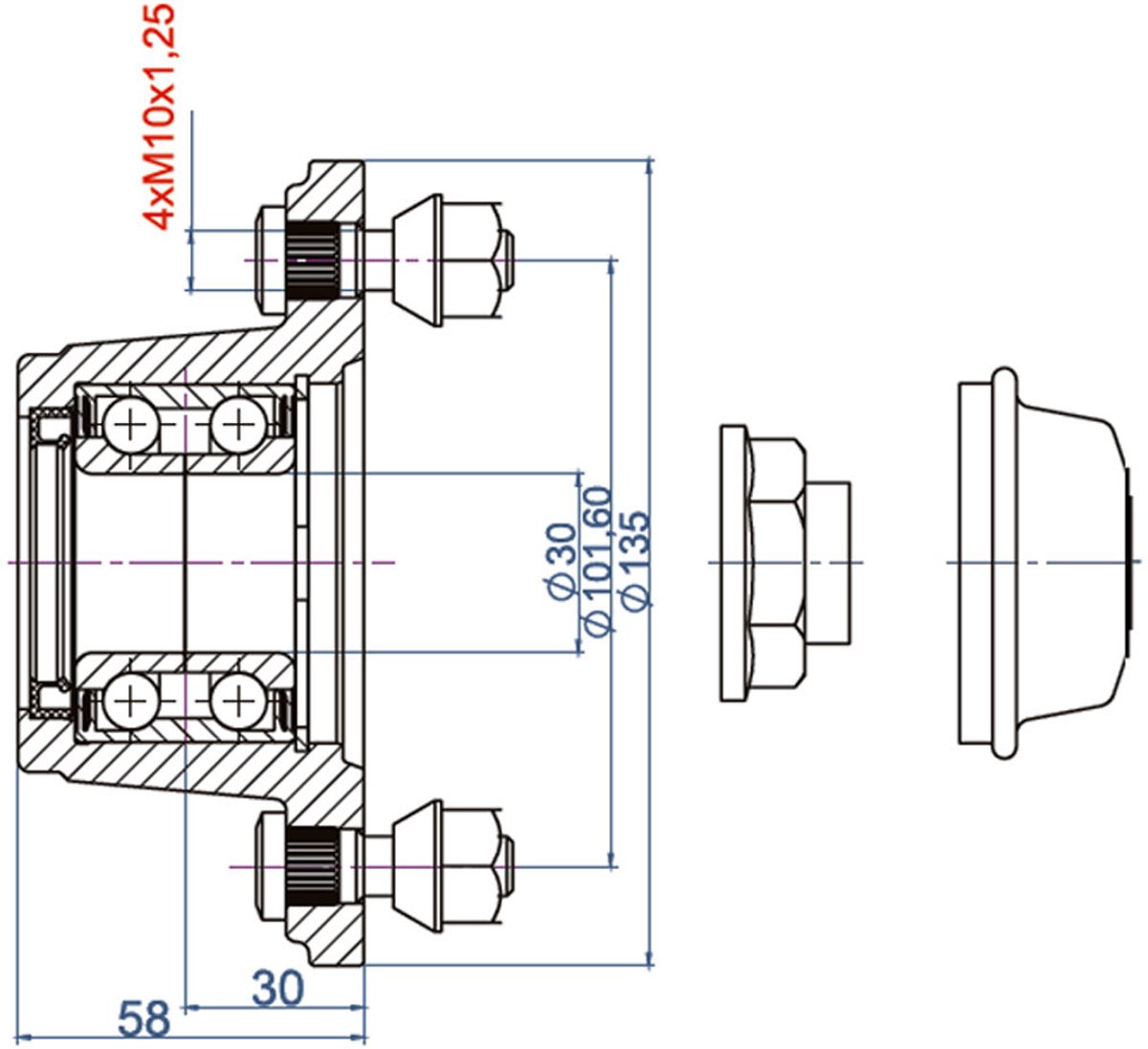 Naaf & fusee ATV Quad Aanhangwagen Hoge Snelheid 4 Stud 4 Inch PCD 35mmx35mm 375kgs