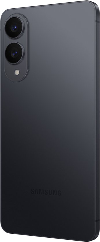 Zwarte Samsung telefoon, schuin van achteren gezien met dubbele camera.