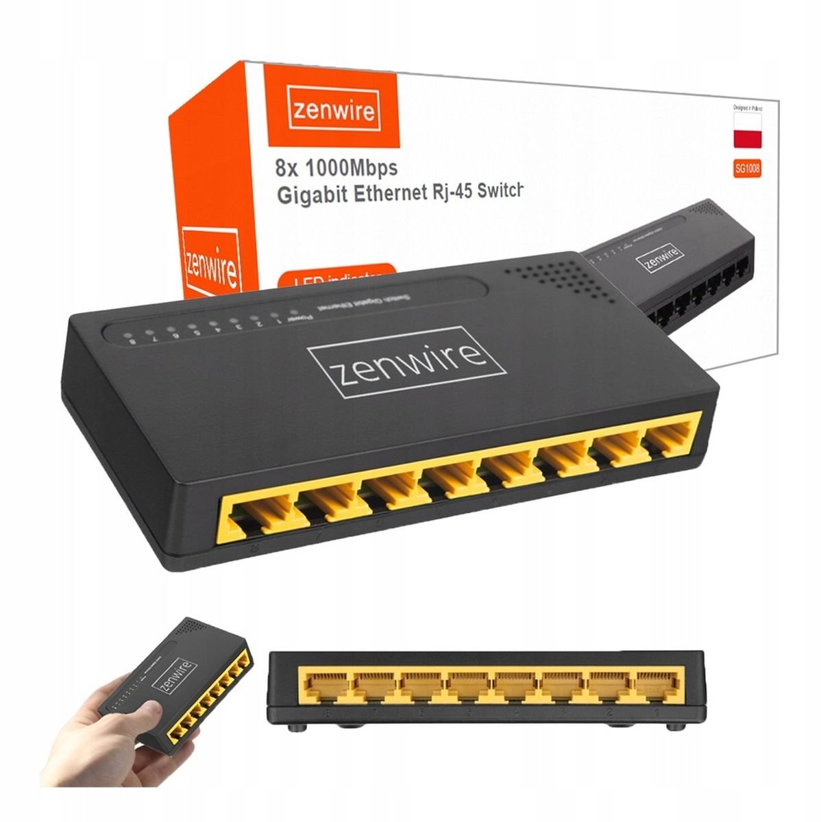 Netwerk Switch - Zenwire SG1008 - 8 poorten - Internet Splitter - Ethernet - Voor Internetkabel - LAN Party - 1000 MB - Full-Duplex - 7 LAN-poorten - 1 WAN-poort - Zwart
