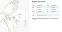 Maattabel armband: XXS tot XL met polsomtrek in cm. Illustratie van een hand met meetlint.