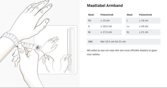Maattabel armband: XXS tot XL met polsomtrek in cm. Illustratie van een hand met meetlint.