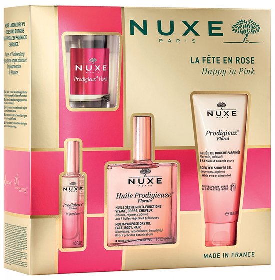 Nuxe "Happy in Pink" cadeauverpakking met gouden en roze accenten. Bevat parfum, douchegel en een mini-parfumflesje.