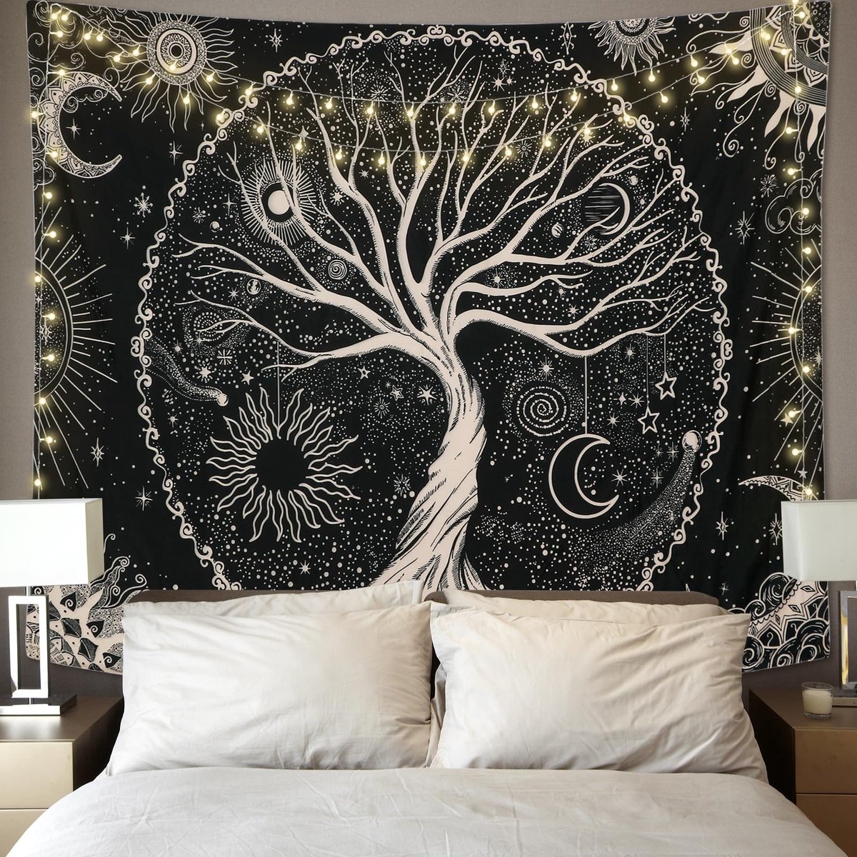 Ibenzoa Zwart Wandtapijt Met Levensboom, Zon En Maan Voor Slaapkamerdecoratie
