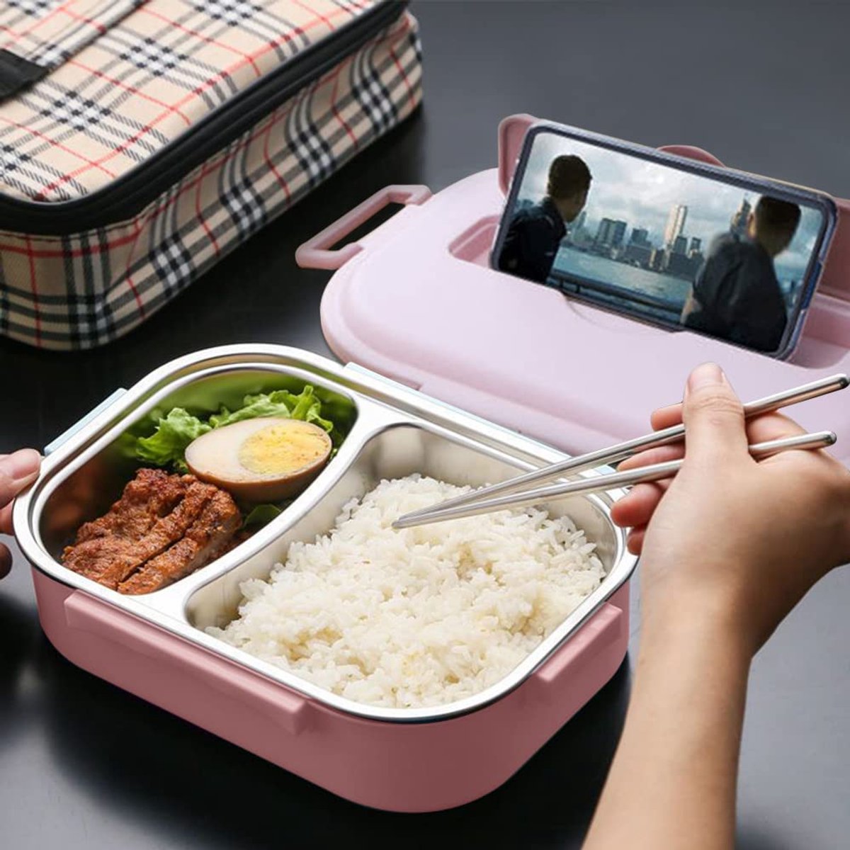 IBBO® - RVS Lunchbox 1000 Ml - Bento Box - Broodtrommel - Lunchtrommel - Salade lunchbox - Met 2 Compartimenten - 2 Vakjes - Volwassenen en Kinderen - To Go - Lekvrij - BPA vrij - 1000 ml - Licht Roze