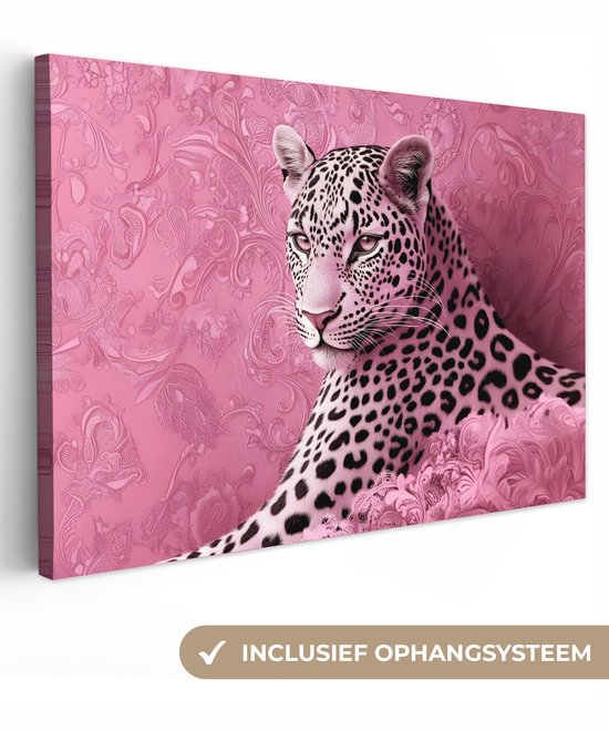 Canvas schilderij 120x80 cm - Exclusieve wanddecoratie Panter - Luxe - Roze - Muurdecoratie woonkamer - Slaapkamer decoratie - Kamer accessoires - Schilderijen op canvas