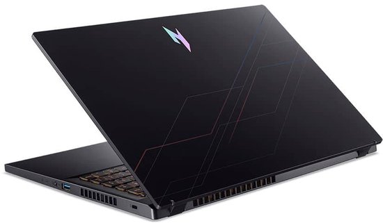 Zwarte laptop met geometrische lijnen en een gekleurd logo op de open deksel.