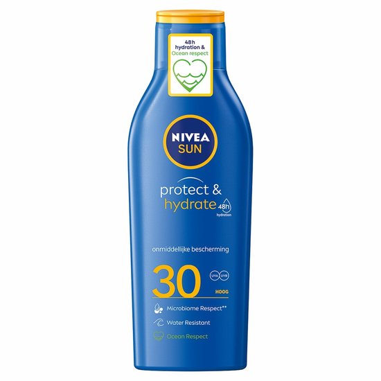 Nivea Sun Protect & Hydrate zonnemelk met factor 30. Beschermt en hydrateert 48u. Ocean Respect.