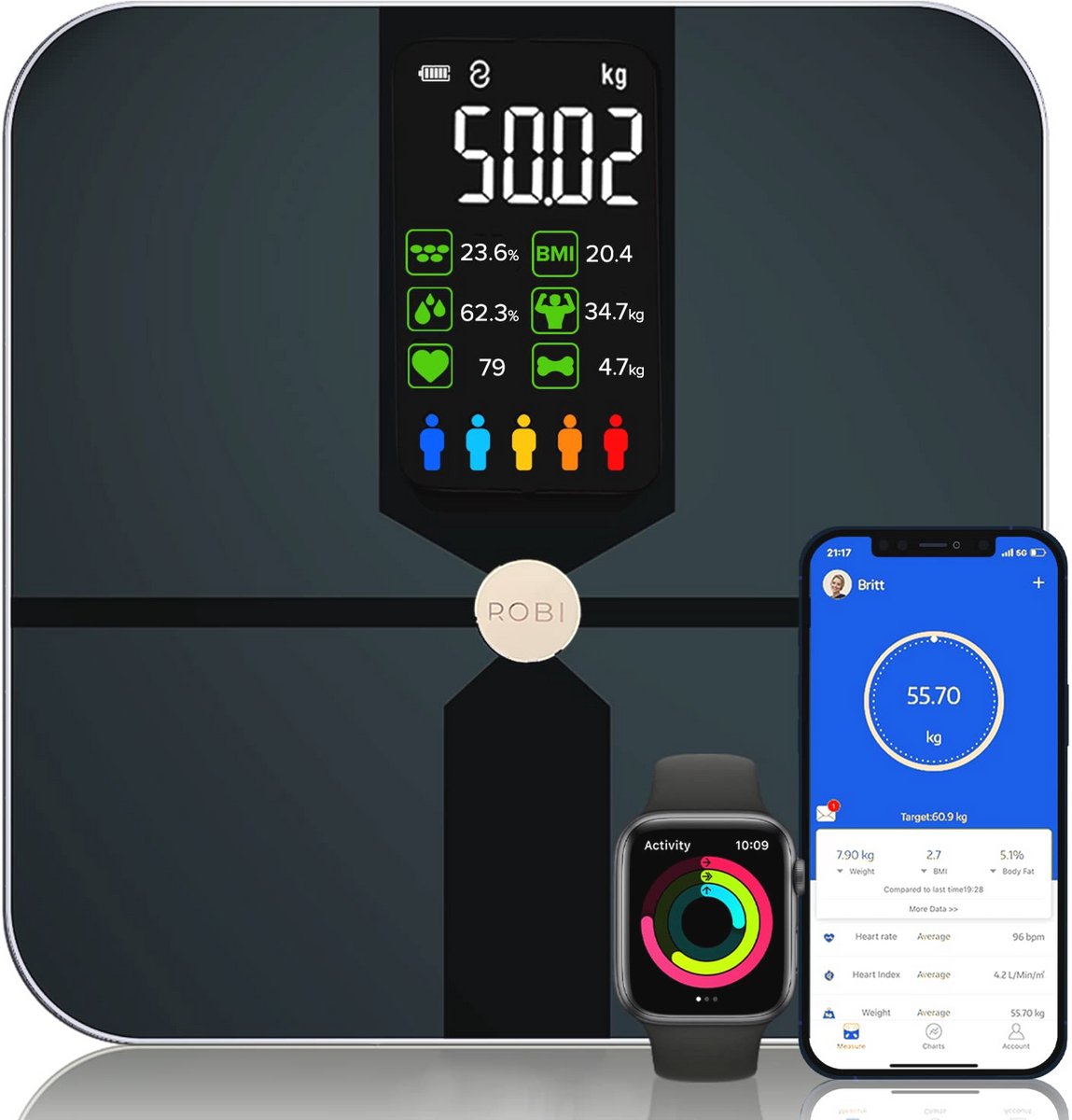 Slimme Lichaamsanalyse Weegschaal - Digitale Badkamerweegschaal met BMI, Lichaamsvetmonitor en App-Synchronisatie