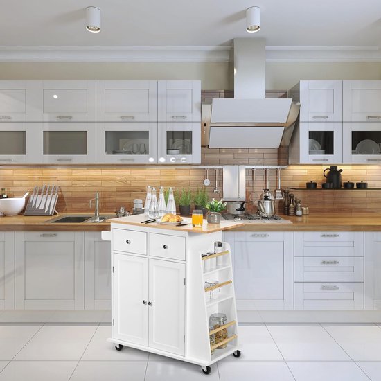 Giantex Keukenservice trolley, kast op wielen met lade, wijnrek & verstelbaar rek, vouwmeubel met dobbelstenen, voor woonkamer, wit