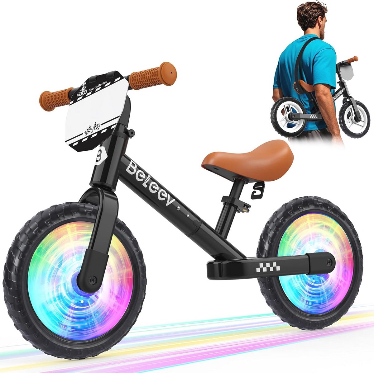 Evenwichtsvoetfiets voor Peuters 12-inch met Verlichtende Wielen, Draagriem, en Verstelbaar Zadel - Ideaal voor Training en Avontuur