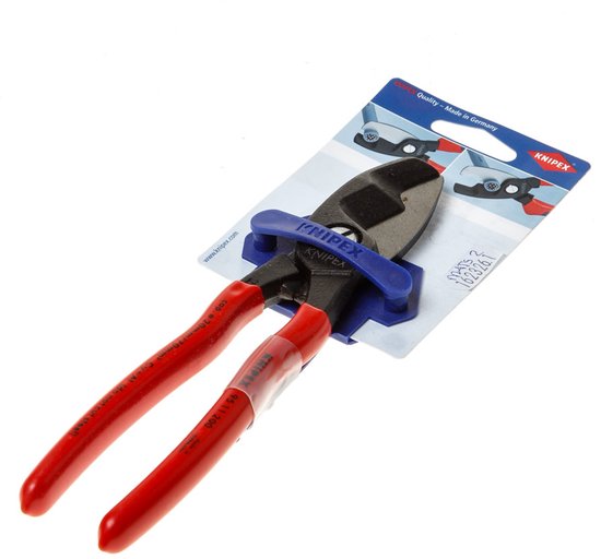 Knipex tang in verpakking met rode handvatten, metalen bek en blauwe houder.