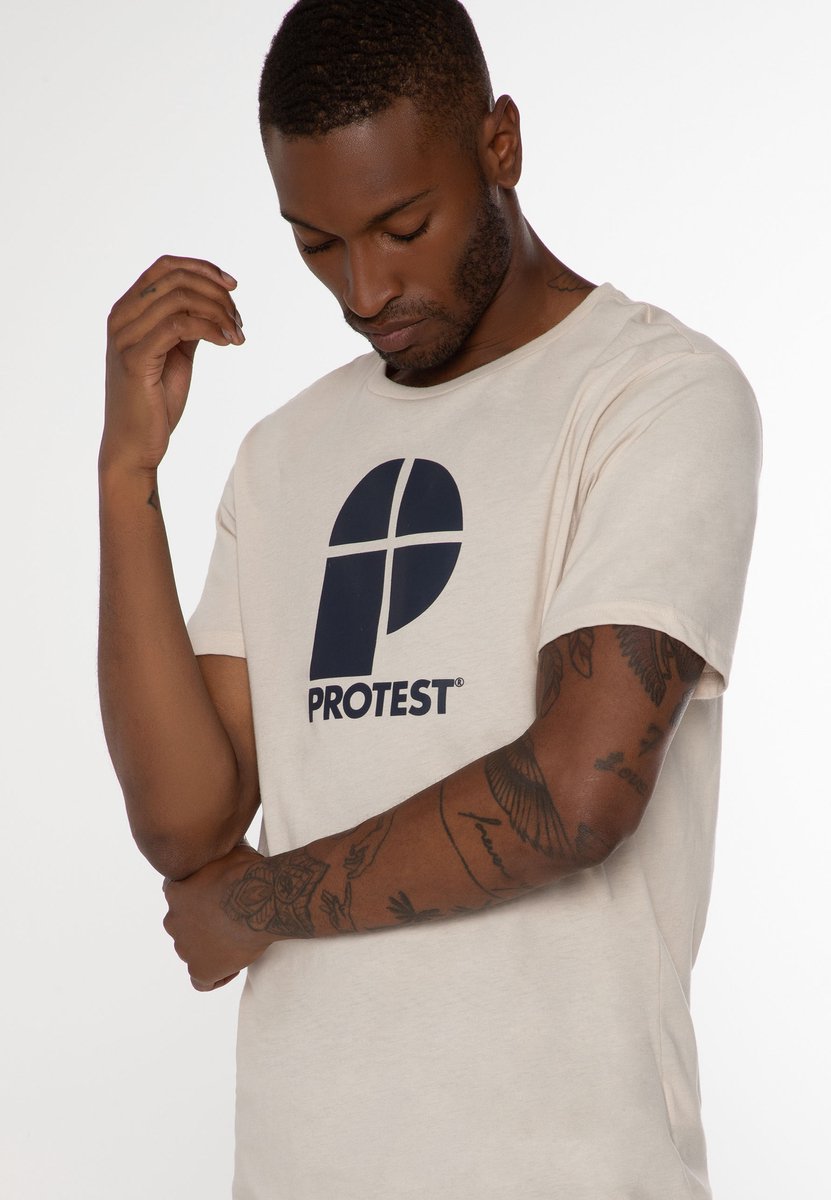 Protest Classic Logo T-Shirt – T shirt Heren – Korte mouwen – Ronde hals 401 Seashell Offwhite