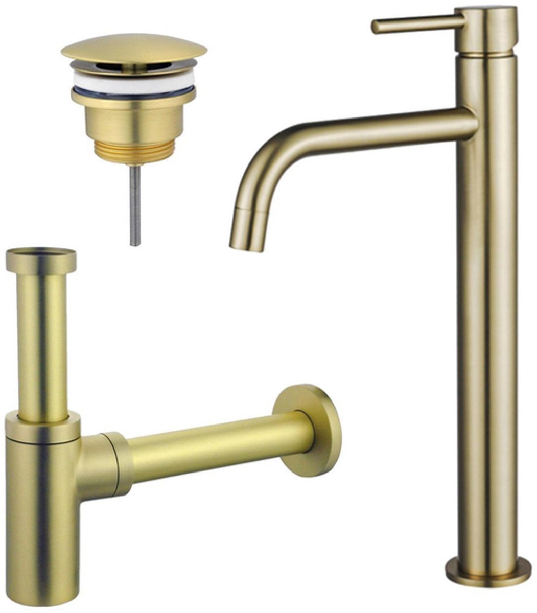 FugaFlow Eccelente Sobrado Badkamer Slim Wastafelkraanset - verhoogde wastafelkraan - always open plug - design sifon - PVD Geborsteld Messing