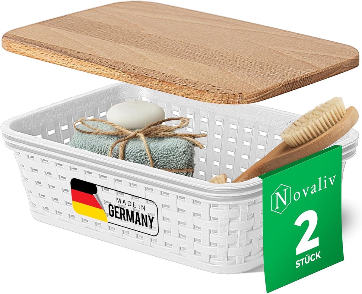 Novaliv set van 2 elegante opbergmanden met houten deksels in rotanlook | Wit voedselveilig plastic 1L? Ideaal voor het opbergen van kleding en in de badkamer. Opbergbox badkamermand.