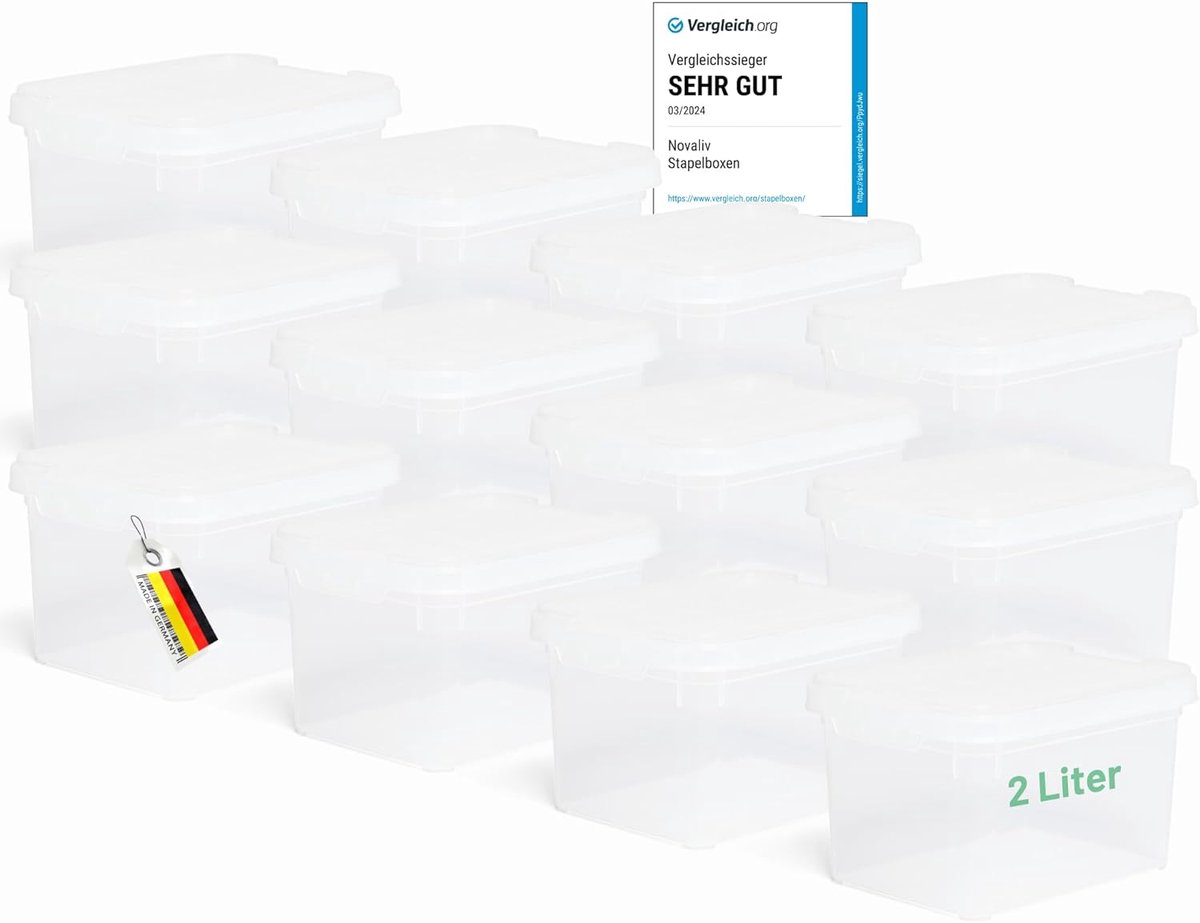 Novaliv 12x opbergdozen met deksel klein 2 L transparant nestbaar stapelbaar kunststof dozen met clipsluiting kunststof BPA-vrij 19 x 14 x 11 cm