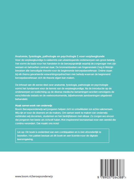 Achterkant van Anatomie, fysiologie, pathologie en psychologie 1. Tekst over het boek en de digitale leeromgeving, met website en ISBN.