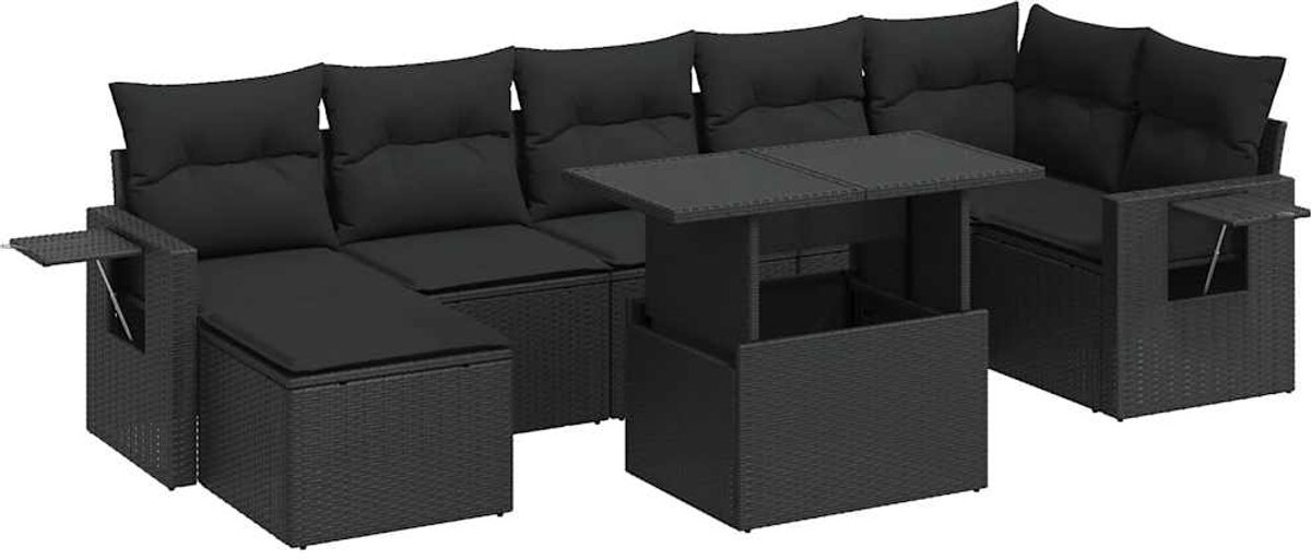 The Living Store 8-delige Loungeset met kussens poly rattan zwart - Loungebank - Lounge Set - Buitendecoratie - Tuinmeubelset - Loungestoel