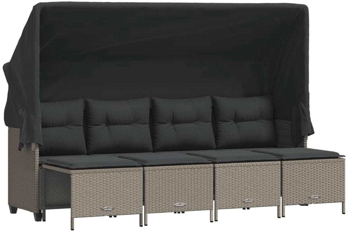Lichtgrijze poly rattan loungeset met kussens voor tuindecoratie.