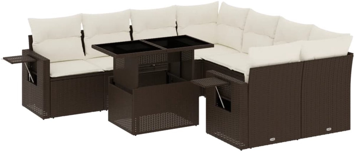 The Living Store 9-delige Loungeset met kussens poly rattan bruin - Loungeset - Tuinmeubelen - Lounge Set - Buitendecoratie - Outdoor Furniture