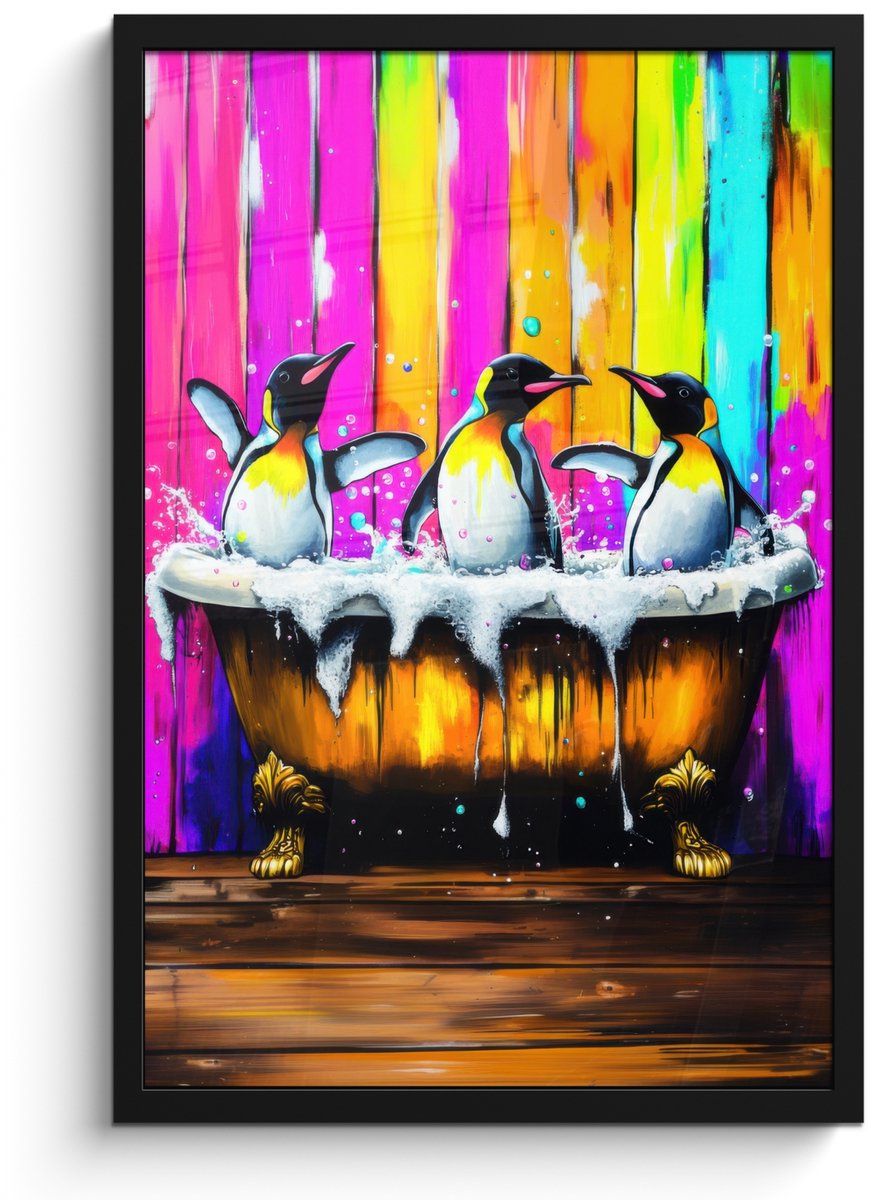 FrameYourWall Poster in lijst - Fotolijst 40x60 cm - Posters - Pinguïns - Badkuip - Kleurrijk - Schuim - Posterlijst zwart - Decoratie - Wanddecoratie woonkamer - Muurdecoratie slaapkamer