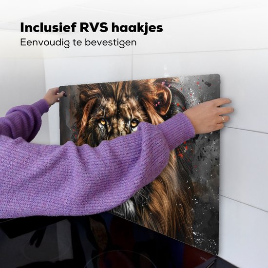 KitchenYeah® Protection plaque induction 85x50 cm - Lion - Animal - Peinture - Noir - Protege plaque de cuisson - Couvre plaque induction - Protecteur d'induction - Cuisine