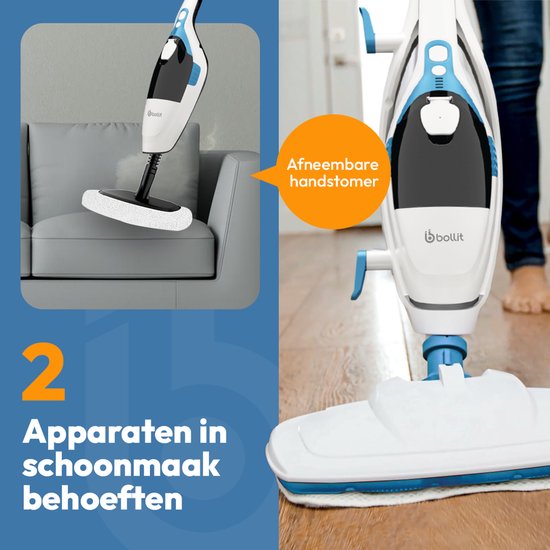 Witte stoomreiniger met blauwe details, demonstreert het verwijderbare handstuk dat een bank reinigt. "Afneembare handstomer".