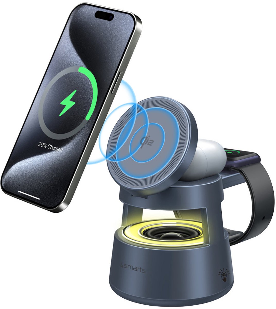 4smarts Laadstation Aura Sound - 3-in-1 Draadloze Oplader - Ingebouwde Bluetooth Speaker -Geschikt voor iPhone/Airpods/Watch - Compatibel met MagSafe / Qi2 - Dimbare LED-verlichtingichting - Grijs