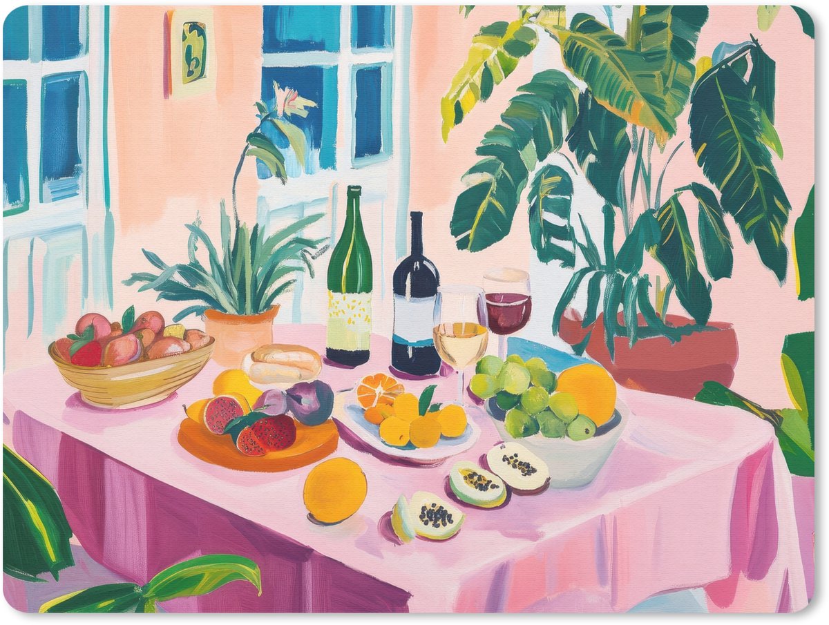 Muismat 23x19 cm - Mousepad Tafel - Wijn - Fruit - Muismatten
