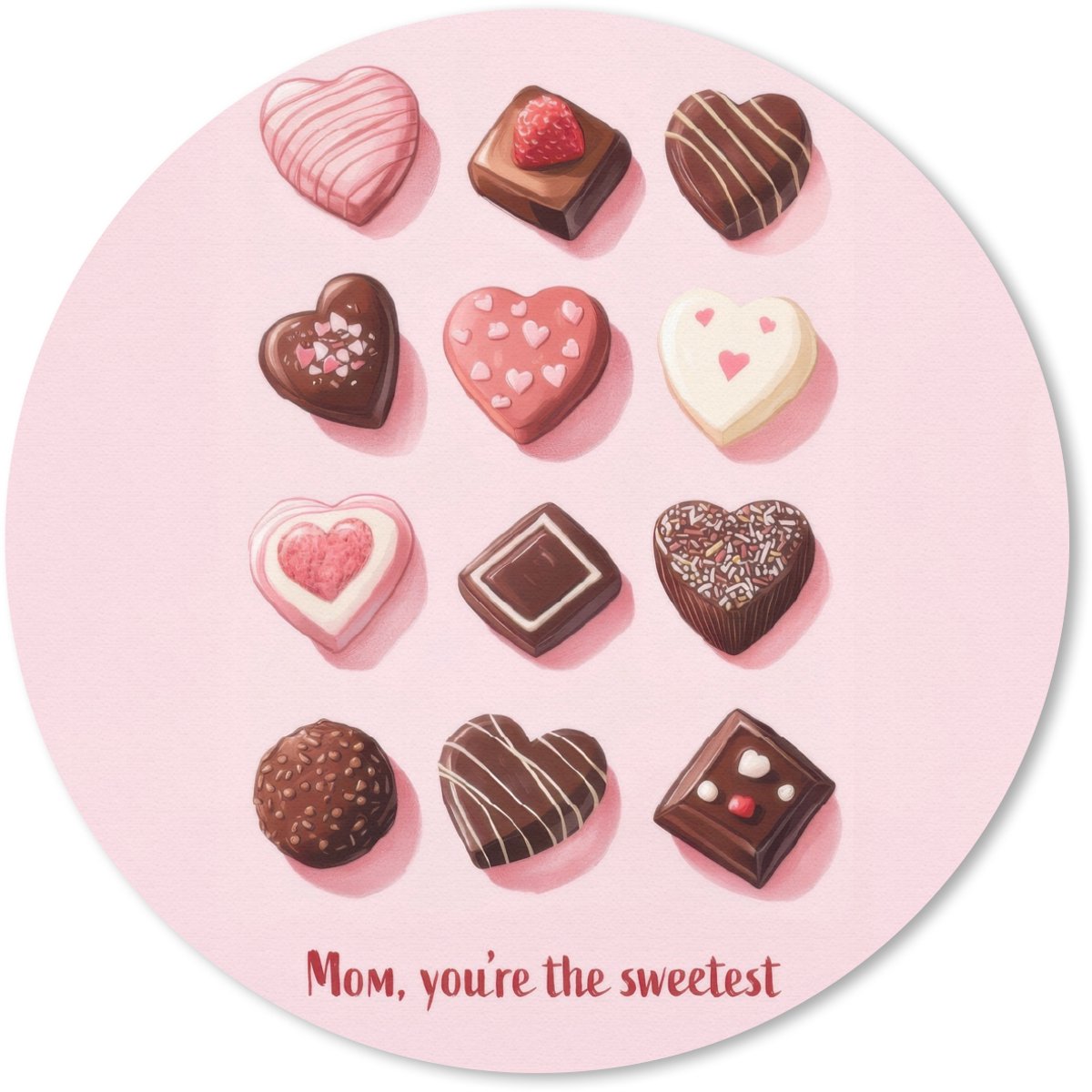 Muismat rond 40x40 cm - Mousepad Chocolaatjes - Hartvormig - Liefste - Ronde muismatten