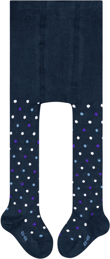 Donkerblauwe babymaillot met een patroon van kleine witte en paarse stippen.