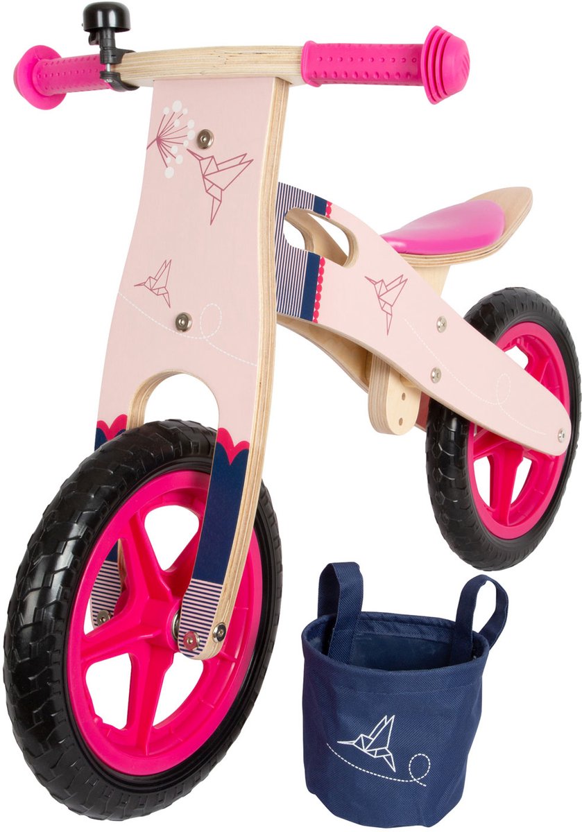 Houten loopfiets - Balansfiets - Roze Kolibrie - Houten speelgoed 1 jaar