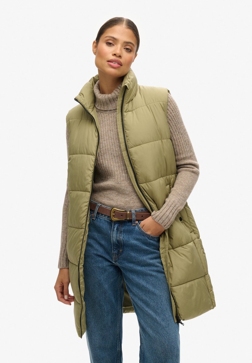 Superdry Dames Lange gewatteerde bodywarmer met capuchon Groen
