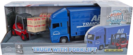 Verpakking van een blauwe vrachtwagen en rode heftruck met dozen, met 'Kids Globe Traffic' logo.