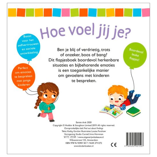 Achterkant van een kinderboek dat flapjes met emoties bevat. Een meisje leest en een jongen ligt op de grond te lezen.