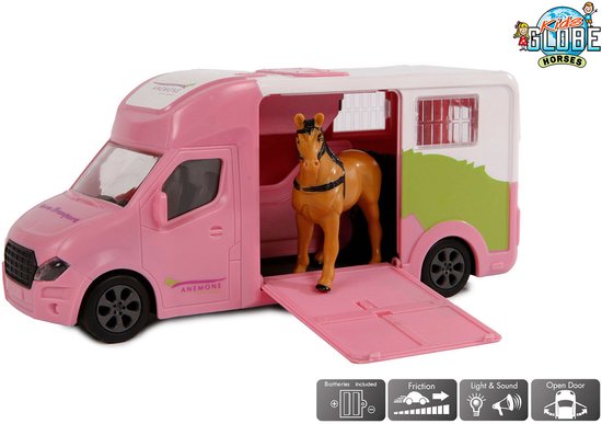 Roze paardentruck met open achterklep, bruin paard, tekst 'ANEMONE' en 'Kids Globe Horses'.