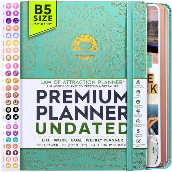 Agenda hebdomadaire pour la productivité et le bonheur - 1 pièce - Turquoise - Agenda papier