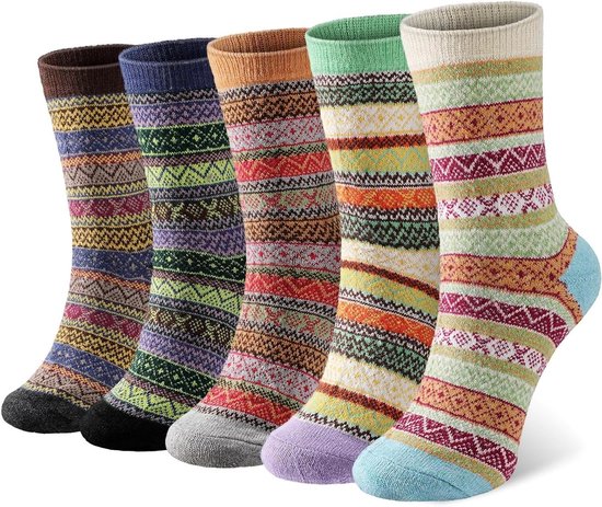 5 paar behaaglijke wollen sokken voor herfst en winter - wandelsokken, thermosokken - lange ademende sokken voor dames, dagelijks gebruik