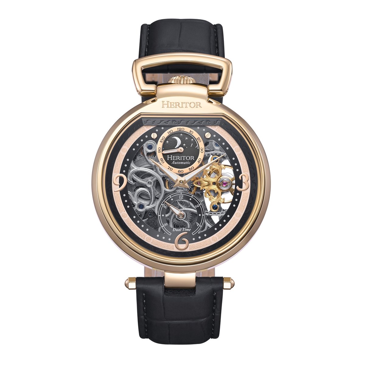 Heritor Automatic Lincoln leren band skelethorloge met maanfase - goud