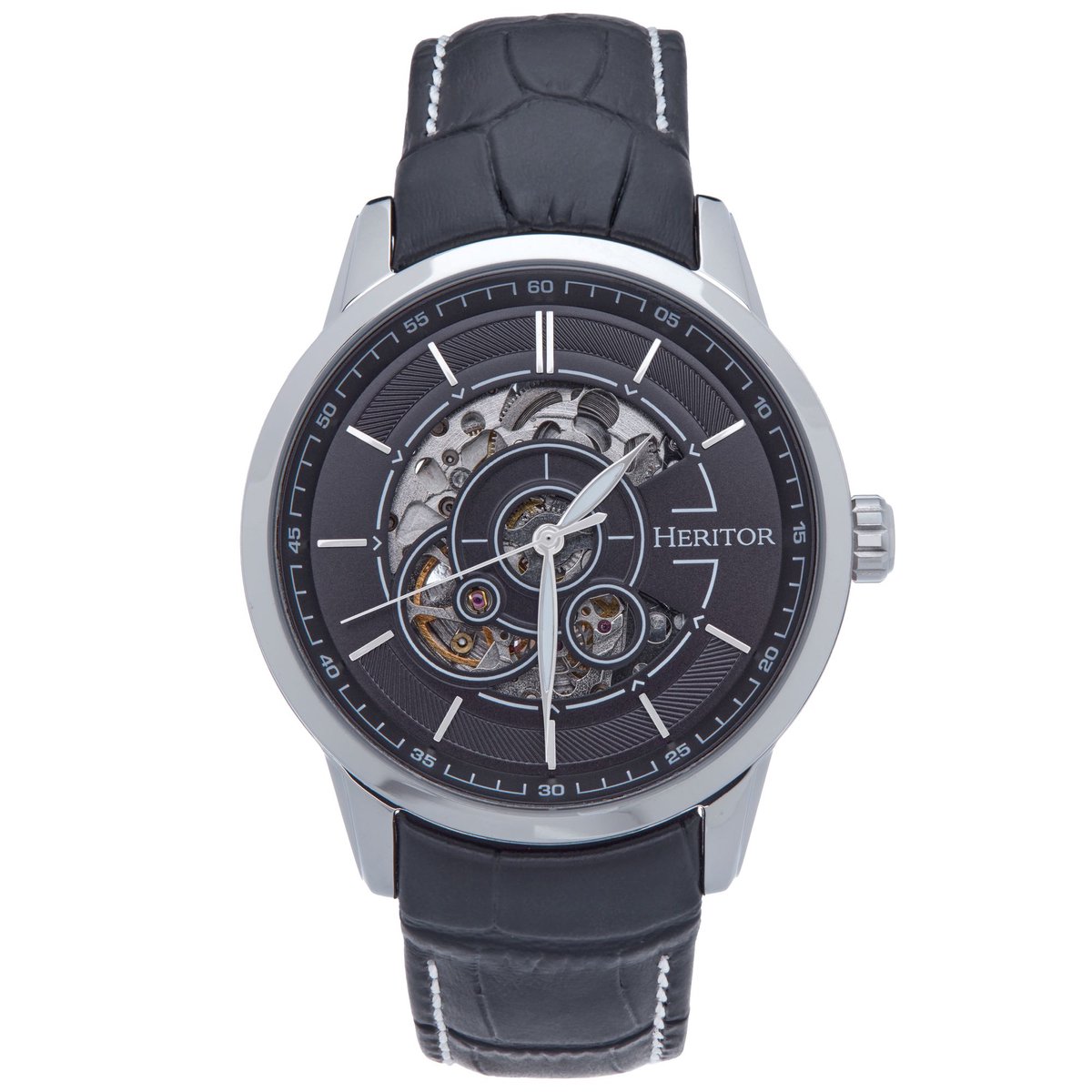 Heritor Automatic Davies Semi-Skeleton Horloge met Leren Band - Zilver-Zwart