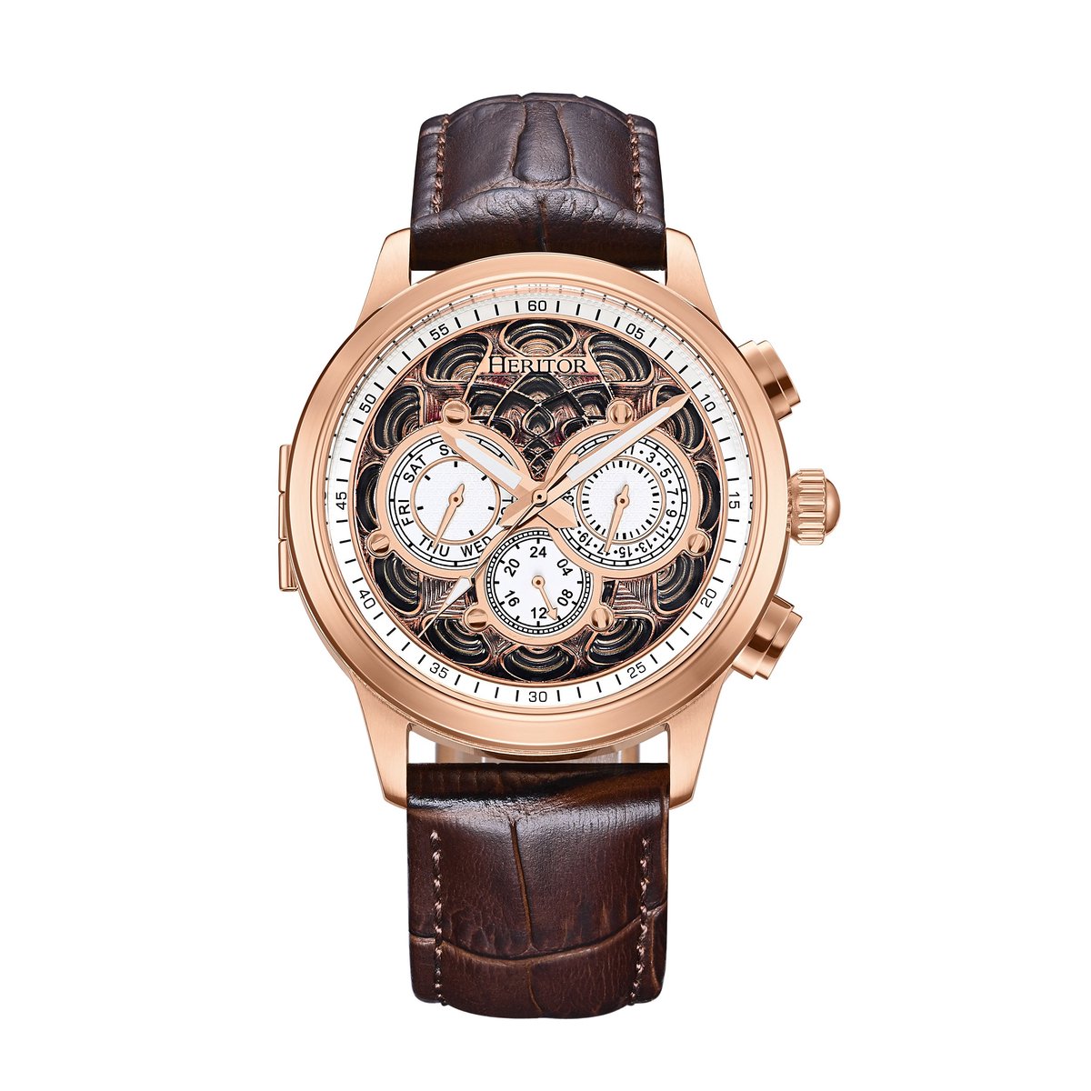 Heritor Automatic Apostle horloge met leren band en dag--datumfunctie - roségoud-wit