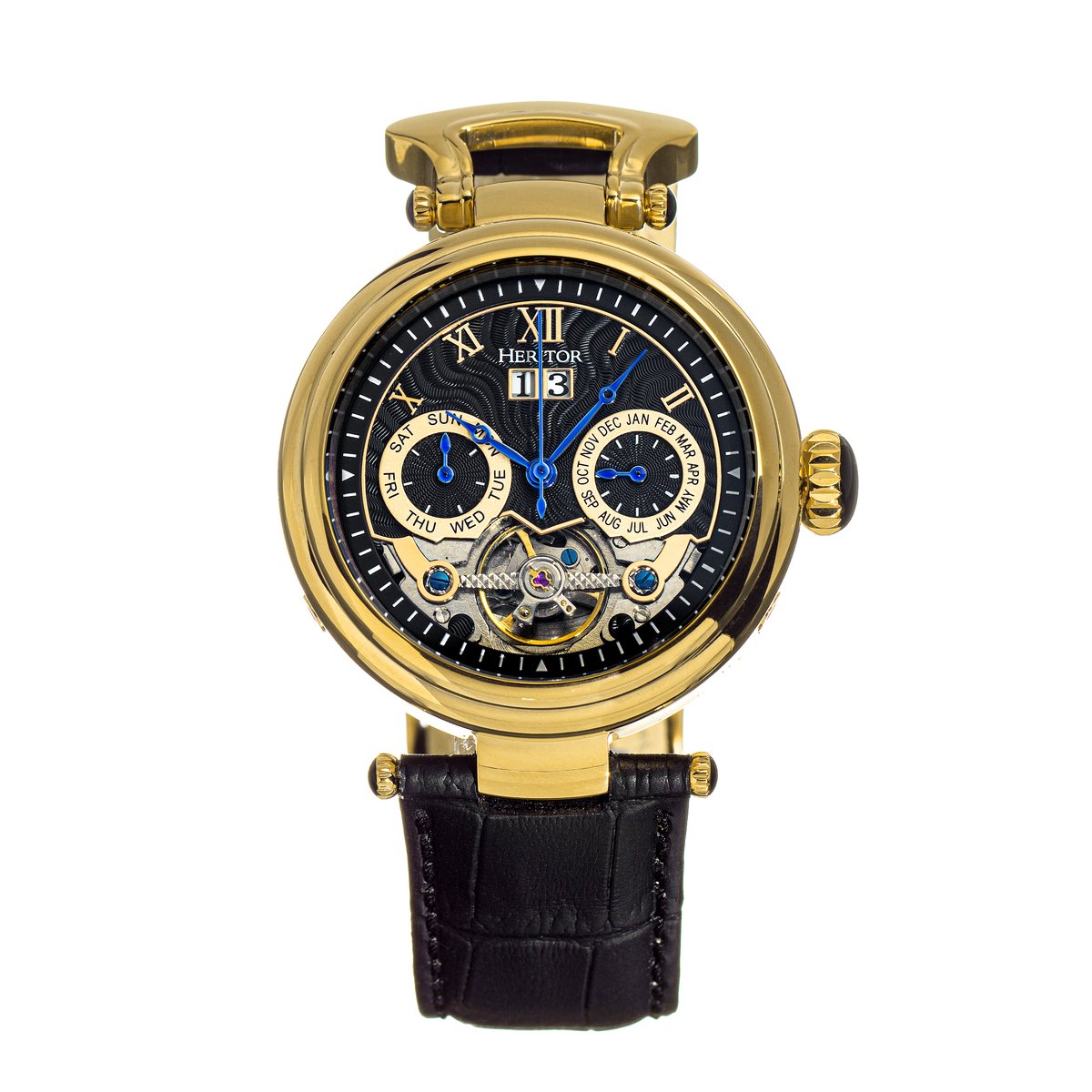 Heritor Automatic Ganzi Semi-Skelet Horloge met Leren Band - Goud-Zwart