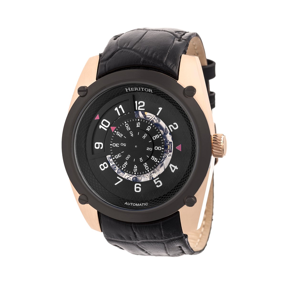 Heritor Automatic Daniels Semi-Skeleton Horloge met Leren Band - Roségoud-Zwart