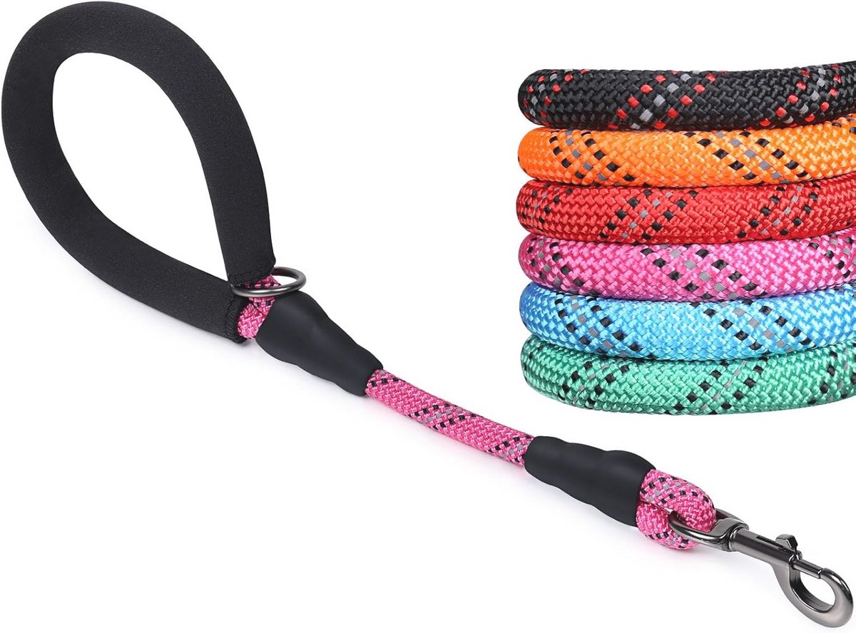 Duurzame Korte Hondenriem 18 inch - Reflecterend Touw met Zachte Gewatteerde Handgreep voor Grote Honden - Ideaal voor Wandelen en Training - Roze