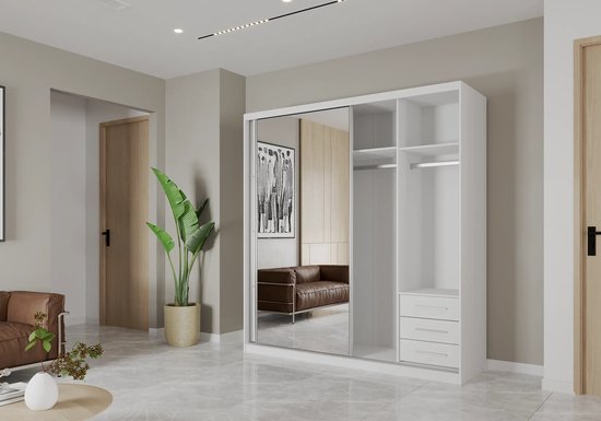 Armoire Posa 42 - Armoire 2 portes coulissantes avec miroir, 3 tiroirs et tringle à vêtements - Armoire pour chambre, hall et salon - Armoire moderne avec grand espace de rangement (Wit)
